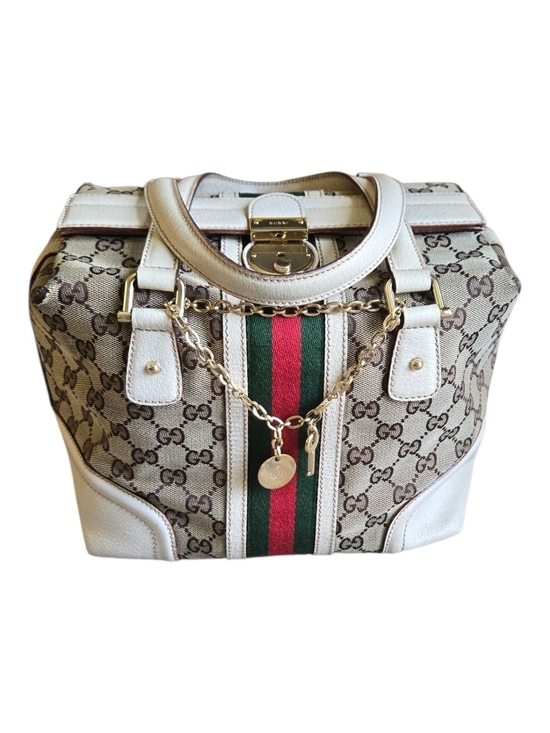 Gucci Handbags - Gucci White/Beige GG Supreme Canvas Top Handle Bag with Web Stripe